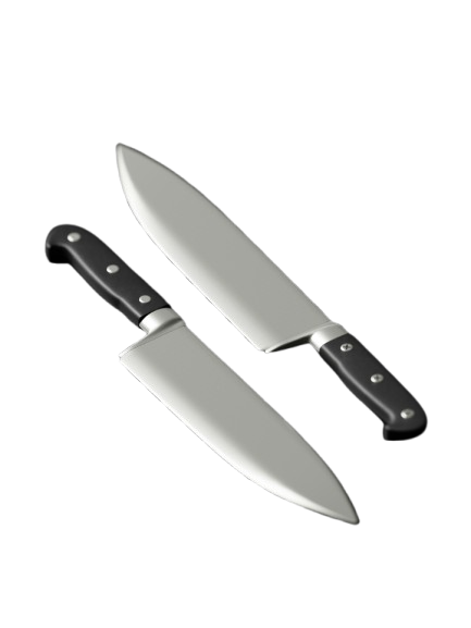 Two stainless steel kitchen knives with black handles displayed on a dark background.
